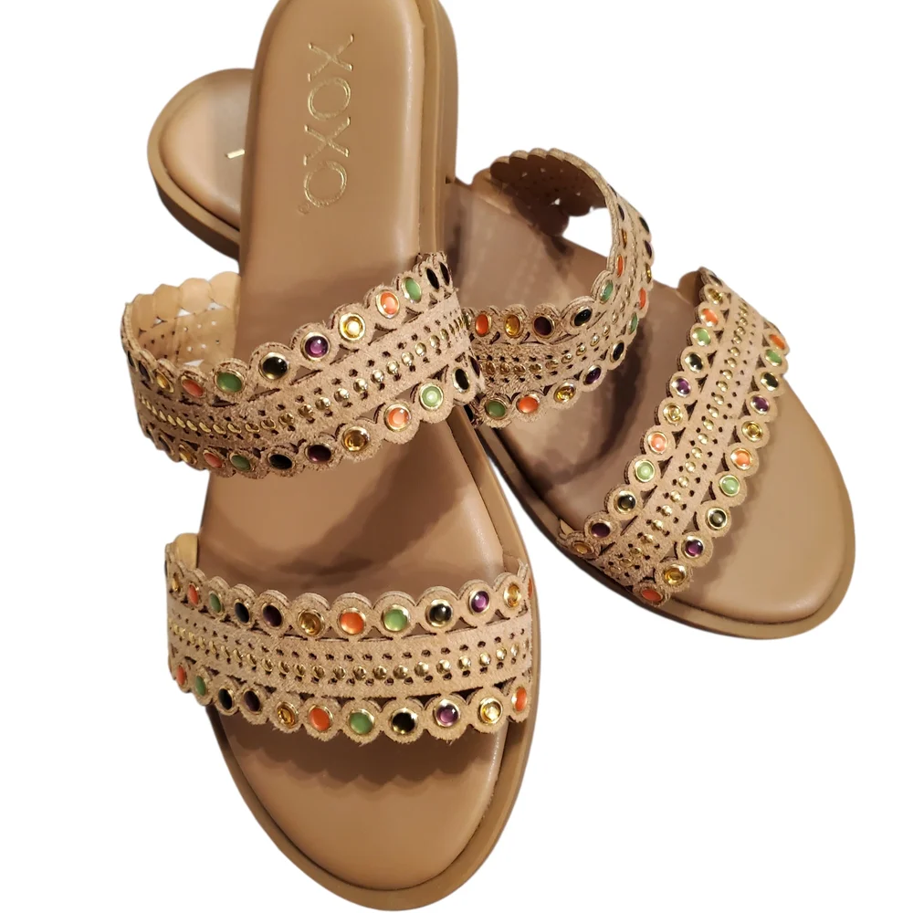 Womens Size 6 XOXO Tan Sandals with Colorful Embellishments